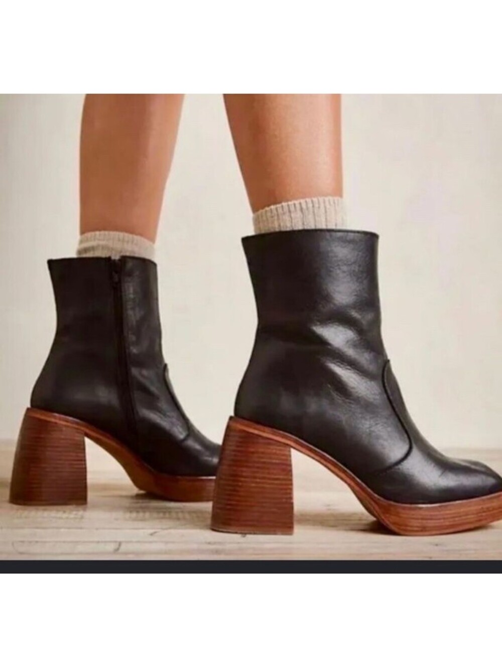 Free People Ruby Platform Boots Black 38.5 (US 8) Stacked Wood Heel Ankle $288